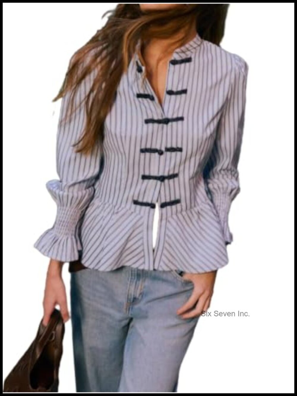 Striped Mock Neck Peplum Button Down Blouse Long Sleeve Work Top